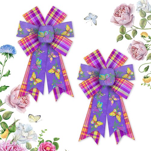 Hying Spring Flowers Wreath Bows - 2-Piece Purple & Pink Burlap Set for Front Door Decor