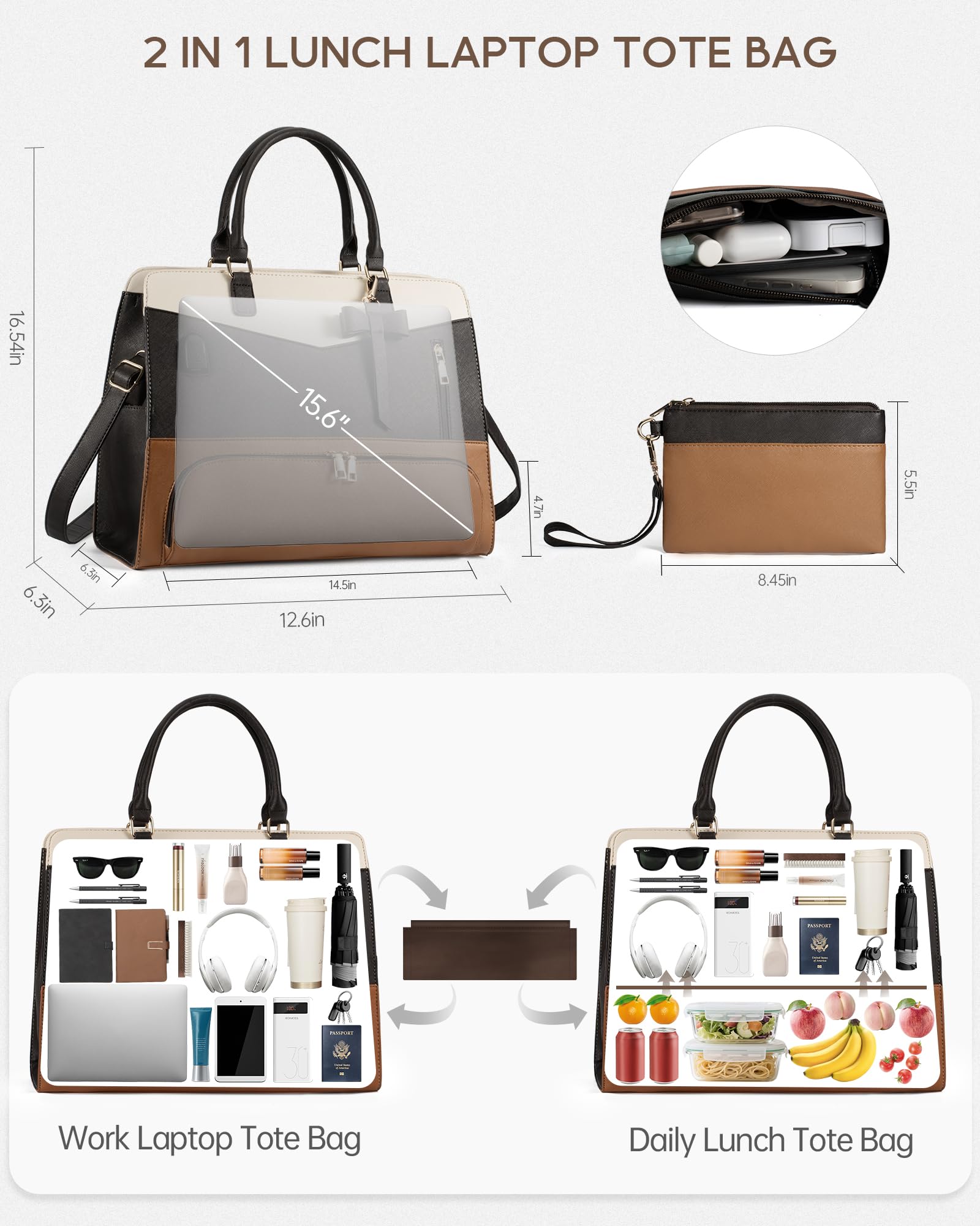 Tiostep Lunch Tote Bag for Women 2 in 1 Laptop Work Bag with Lunch Insulated Compartment and Purse Combo Waterproof PU Leather 15.6 Inch Computer Shoulder Bag for Daily, Office, Picnic. Mix Color