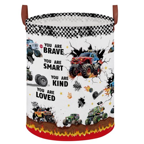 Monster Trucks Laundry Hamper Basket Kid Gift Toy Bin Empty Car Nursery Decor Hamper,Storage Basket Collapsible Clothes Book Organizer Bin for Boy,Easter Gift (Monster Trucks-Fire)