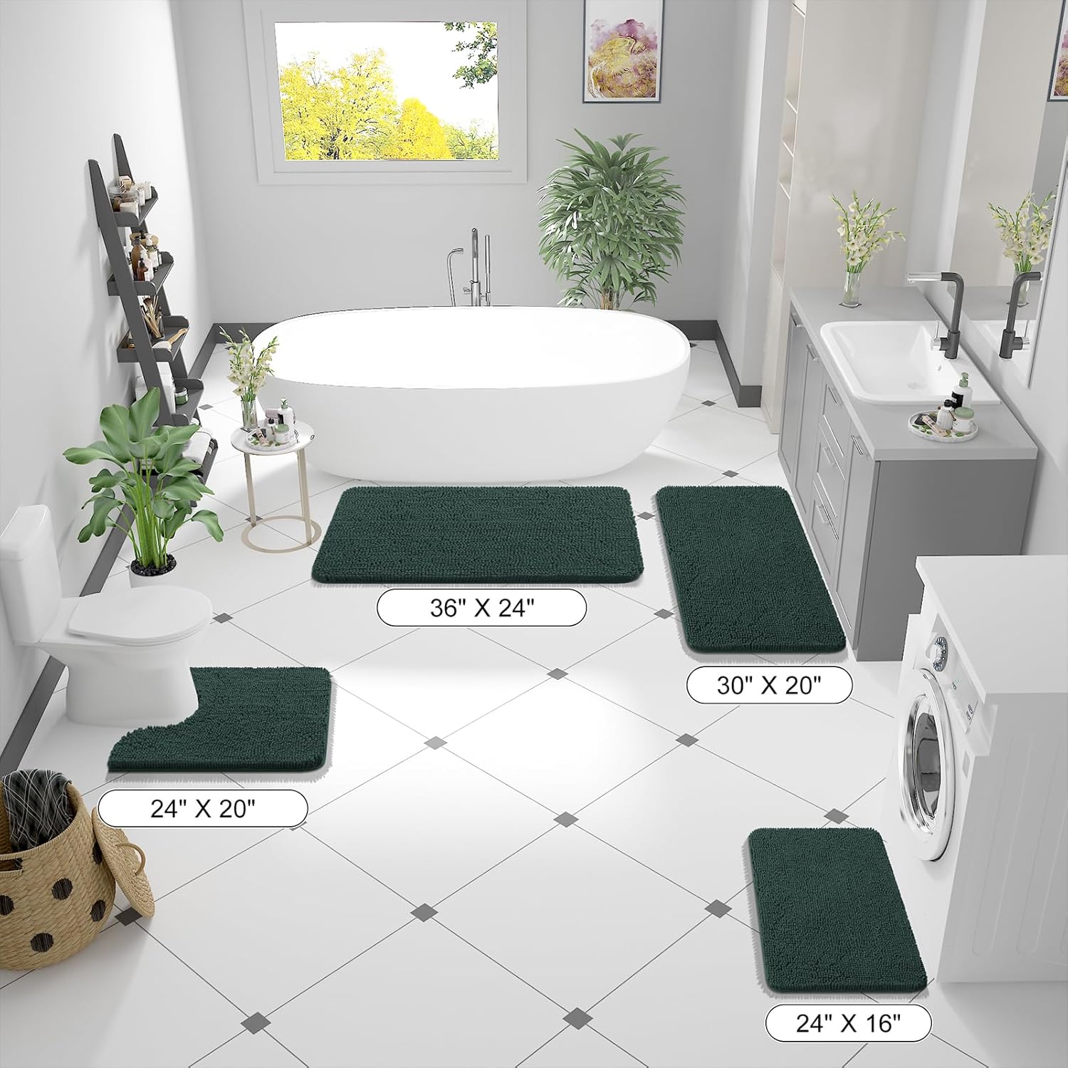 OLANLY Bathroom Runner Rugs - Soft Absorbent Chenille with Quick-Dry Rubber Backing | 47x17 Inches, Blackish Green