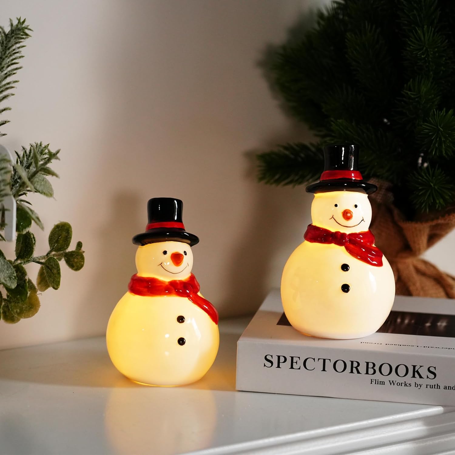 Nerousun Christmas Snowman Figurines - 3 Pack Ceramic LED Lighted Tabletop Decorations | Winter Xmas Decor