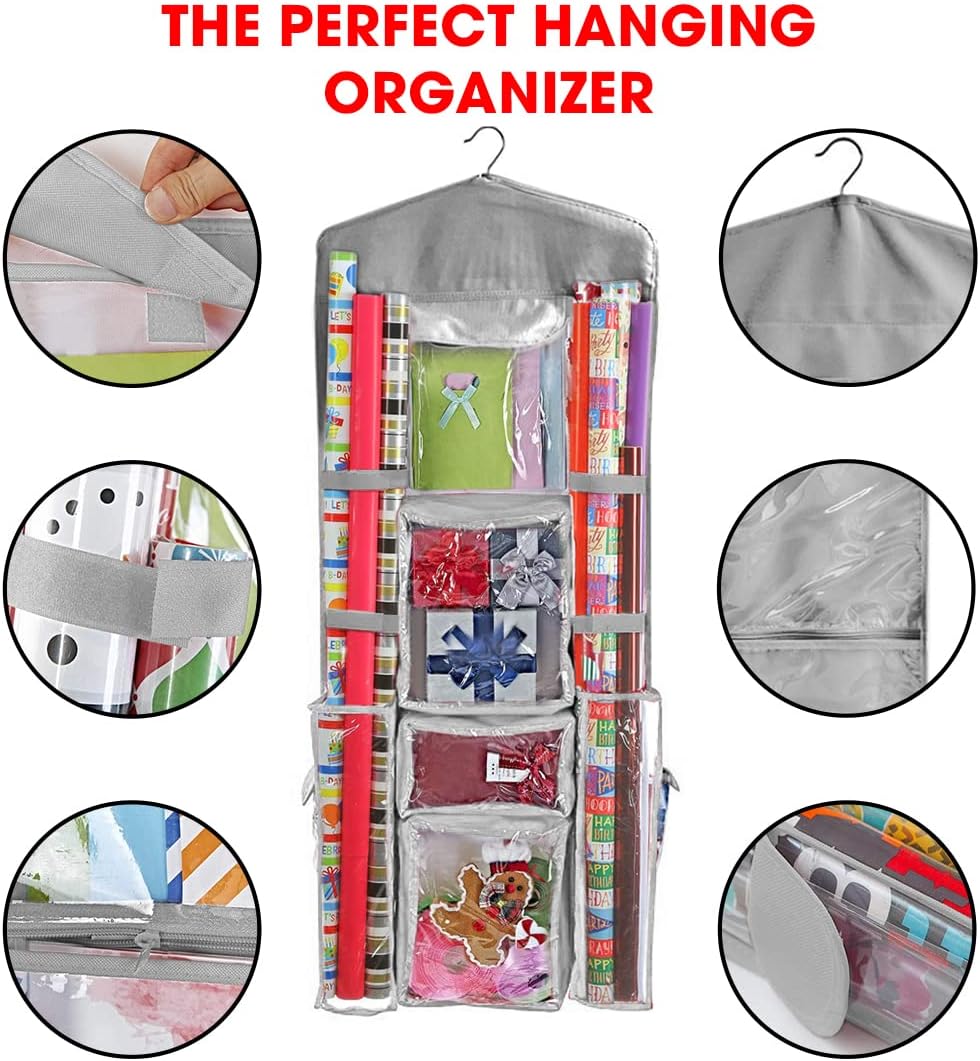 Primode Wrapping Paper Organizer - Over-The-Door Storage for Gift Wrap & Accessories | 40”x17” Gray