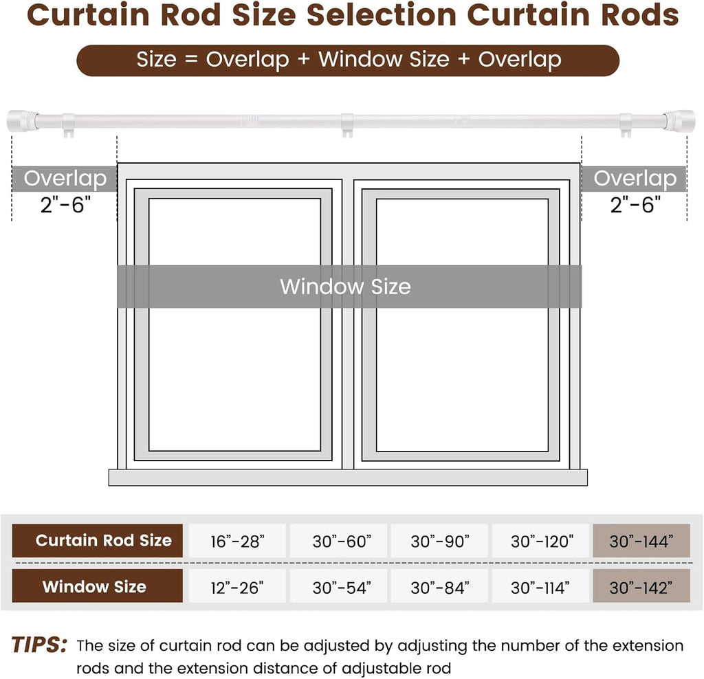 Skiennix 1” Diameter Adjustable Curtain Rods - Heavy Duty Matte White | Fits 30-144 Inch Windows (2 Pack)