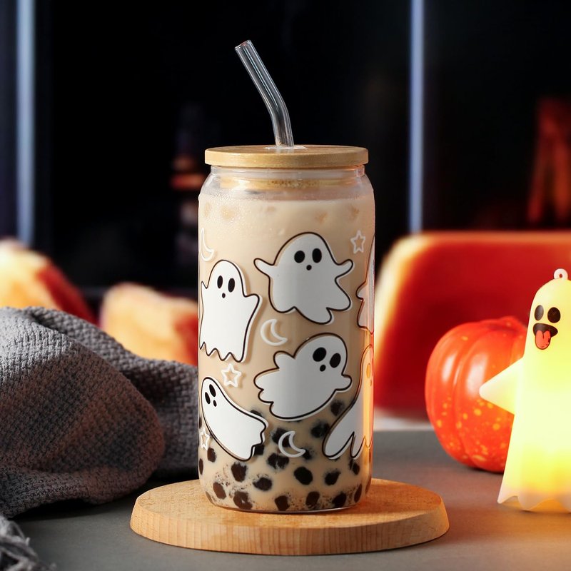 Halloween Pumpkin Ghost Glass Cup with Lids and Straws, 16 oz Glass Tumbler, Spooky Iced Coffee Mug for Smoothie, Cute Halloween Gifts for Women, Girls - Boo Basket Stuffers, Spooky Gifts for Teens