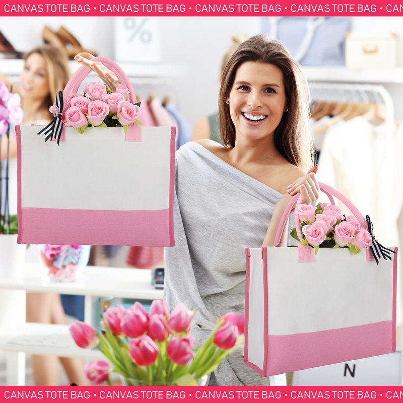 Shinylin 3 Pcs Initial Canvas Tote Bag Reusable Blank Personalized Present Totes for Women, Bridesmaid, Wedding, Travel Gift(Pink)