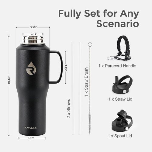 RAYMYLO 32oz Stainless Steel Water Bottle (Cold for 48 Hrs, Hot for 24 Hrs), Triple Wall Vacuum Insulated Water Bottle with Straw Lid, Spout Lid and Paracord Handle, Leakproof, Fit in Any Car Cup