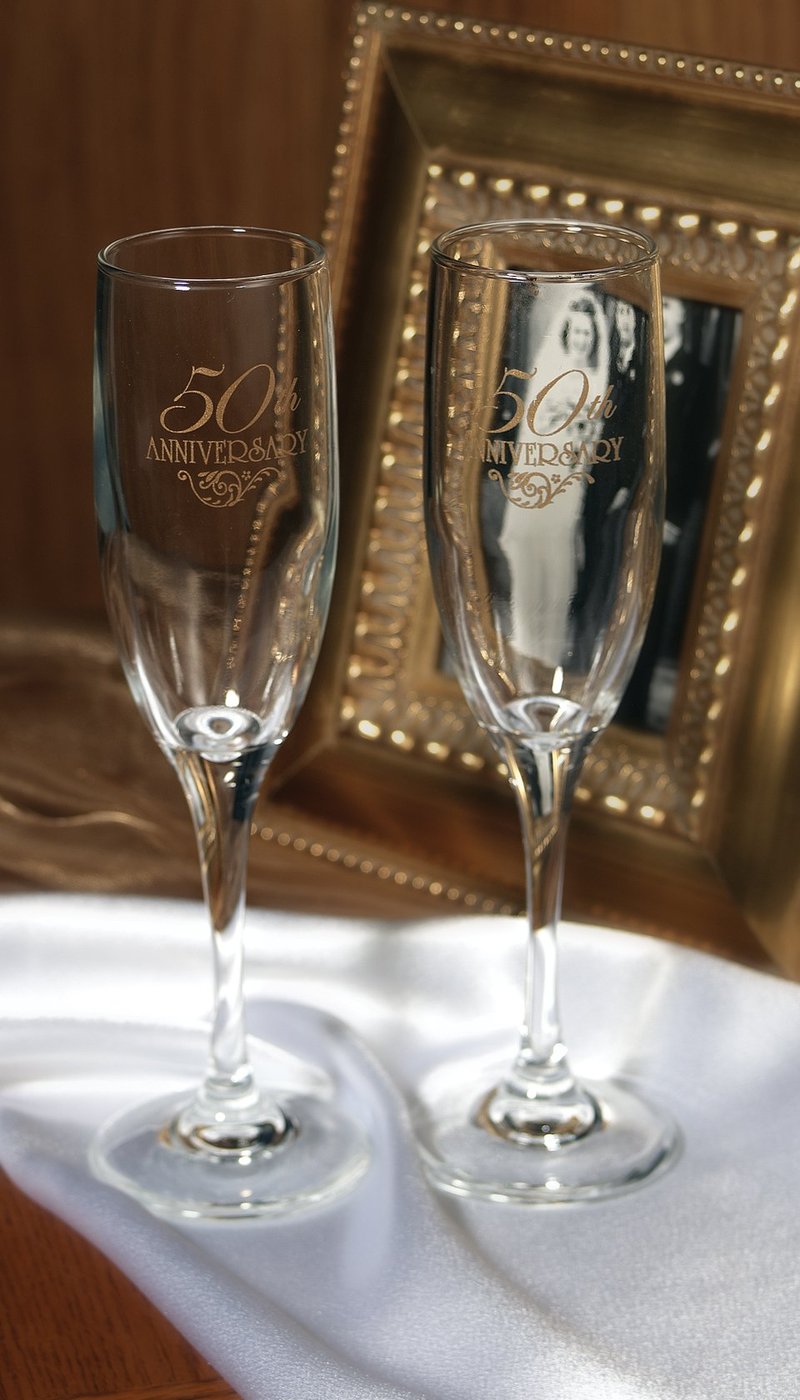 Hortense B. Hewitt 50th Wedding Anniversary Champagne Toasting Flutes, Gold Flourish, Set of 2