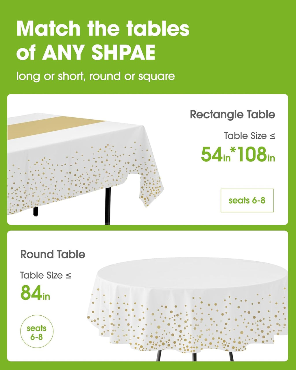 Pureegg Disposable Plastic Tablecloths - 8 Pack, 54 x 108 Inch, Leakproof & Sturdy for Graduation Parties | White Gold