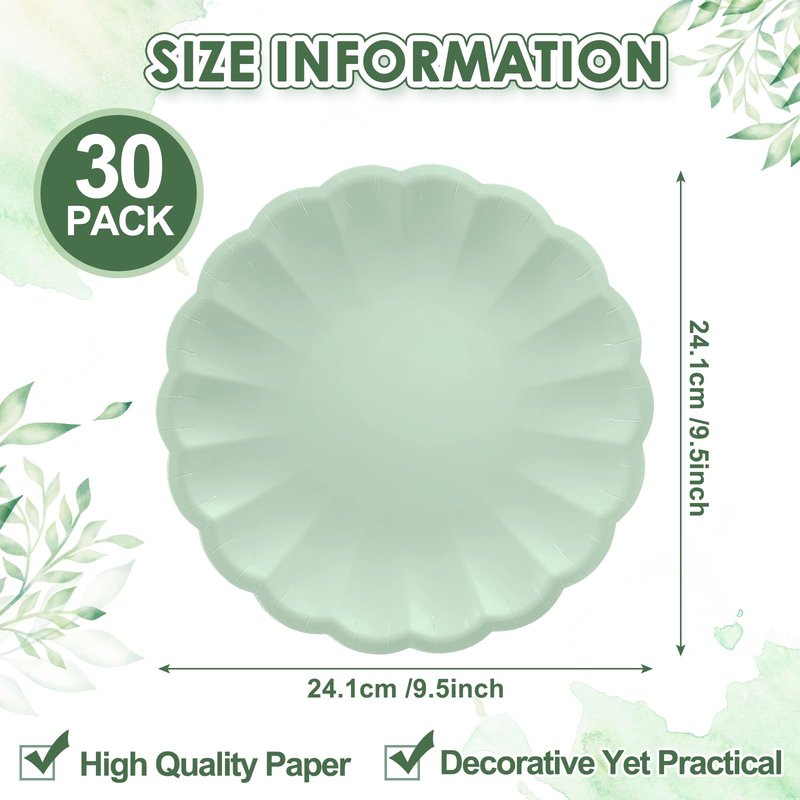 Newtay 30 Pcs Large Scalloped Paper Plates 9.5 Inch Shell Edge Disposable Dinner Plates for Birthday Wedding Baby Shower Party Decorations (Sage Green)