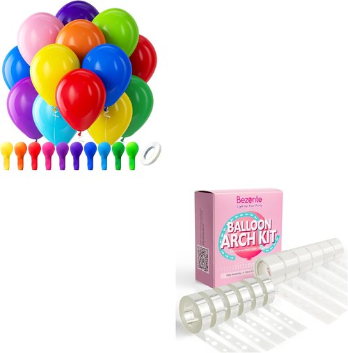 Bezente Rainbow Latex Balloons - 100 Pack with Balloon Tape Strips & Glue Dot Stickers