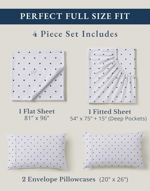 LANE LINEN 100% Organic Cotton Full Sheets Set - Soft, Comfy, Eco-Friendly Percale Bedding | Polka Dot Design