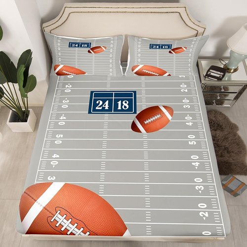jejeloiu Football Sheet Set Queen Size Kids Rugby Sheets with Deep Pocket Fitted Sheet for Boys Girls Teens Football Bed Sheets Set Breathable Sports Theme Bedding Set Room Decor