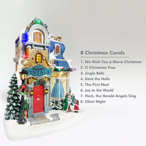 Moments In Time Lighted Christmas Village - Vintage Boutique LED Musical Holiday Building, 10.6”