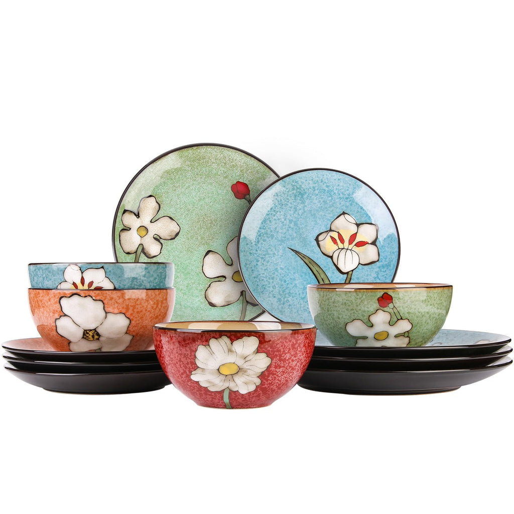 Soyestan Plates and Bowls Sets,12 Pieces Kiln Changed Glaze Ceramic Dinnerware Set,Dishes Set for 4,Highly Chip and Crack Resistant Modern Plate Set,Dishwasher & Microwave Safe (4 colors)