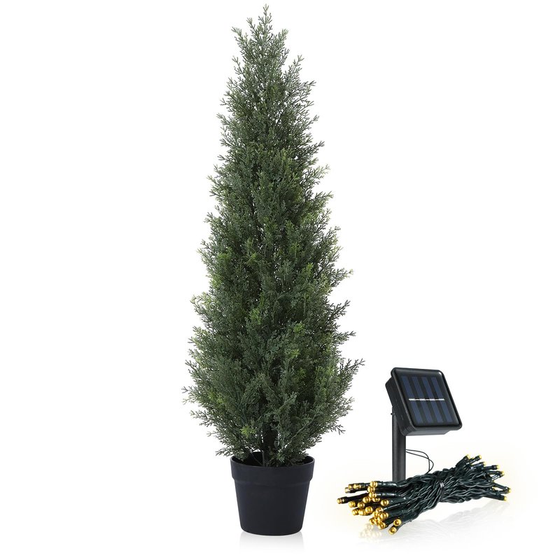 OAKRED Artificial Cedar Topiary Trees for Outdoors 4ft Fake Cypress Plants with Solar Light String, Faux uv Resistant Plants for Home Front Porch Decor，Set of 2