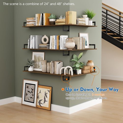Harwaya Large Floating Shelves for Wall 48 Inches Long Set of 3, Rustic Wood Wall Bookshelf for Living Room Bedroom Books, Heavy Duty Hanging Storage Shelf for Laundry Room (Dark Brown)