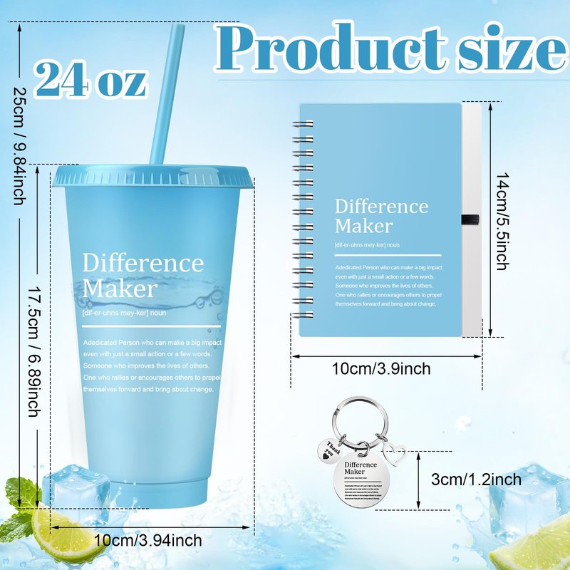 Teenyyou 72 Pcs 72 Pcs Difference Maker Employee Appreciation Gifts 24 oz Tumblers with Spiral Notebooks and Keychains Thank You Gifts Bulk for Teacher Nurse Coworker Leader (Bright Colors)