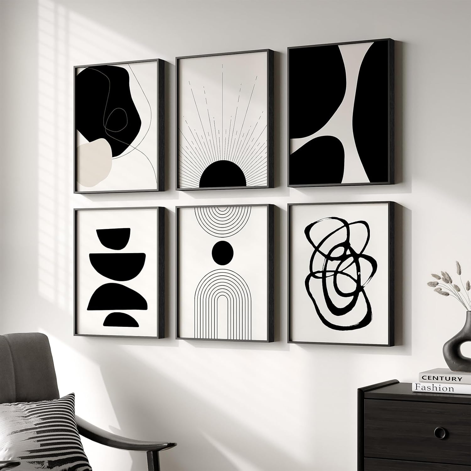 Skiennix Framed Boho Black and White Abstract Wall Art - Set of 6 Modern Canvas Prints | 11x14 Inch Decor