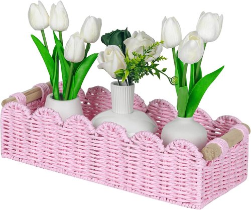 CubesLand Scalloped Edge Gift Basket - Pink Woven Storage Basket with Wooden Handles | Small Decor for Living Room & Bedroom