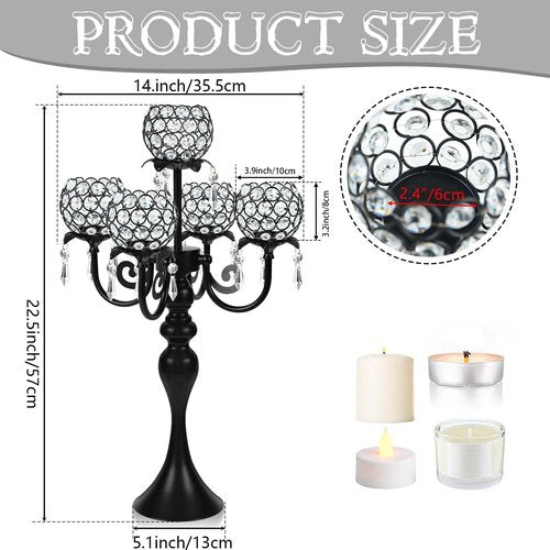 Kehail 22.5" Black Metal & Crystal Tea Light Candle Holder - Wedding, Party Centerpiece for Events, Decorative Chandelier (1, Black)
