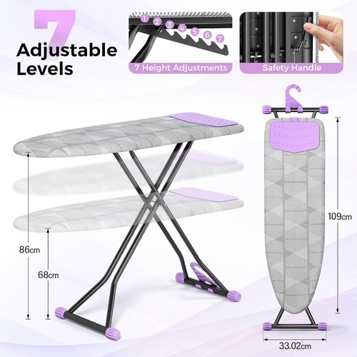 KINGBOARD Compact Ironing Board - Heat Resistant Cover, 7 Height Adjustable, Foldable | 13x43 Grey