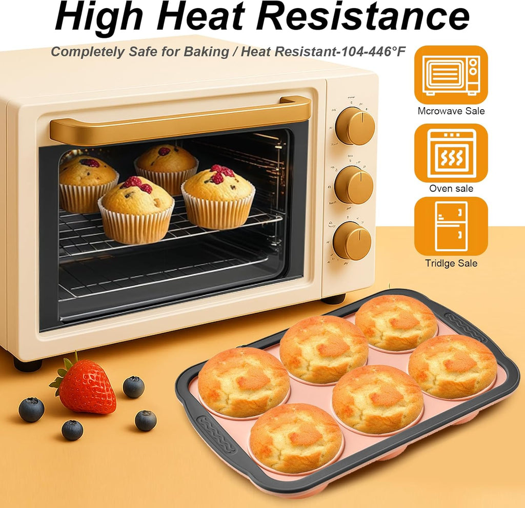 Skiennix Silicone Muffin Pan - Nonstick 6-Cup Baking Molds with Metal Frame | BPA Free & Dishwasher Safe, Pink