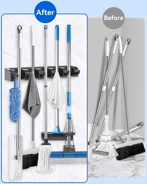 AceMining Broom Holder - Wall Mounted Mop Storage with 5 Holders & 6 Hooks | Durable ABS Plastic, Black