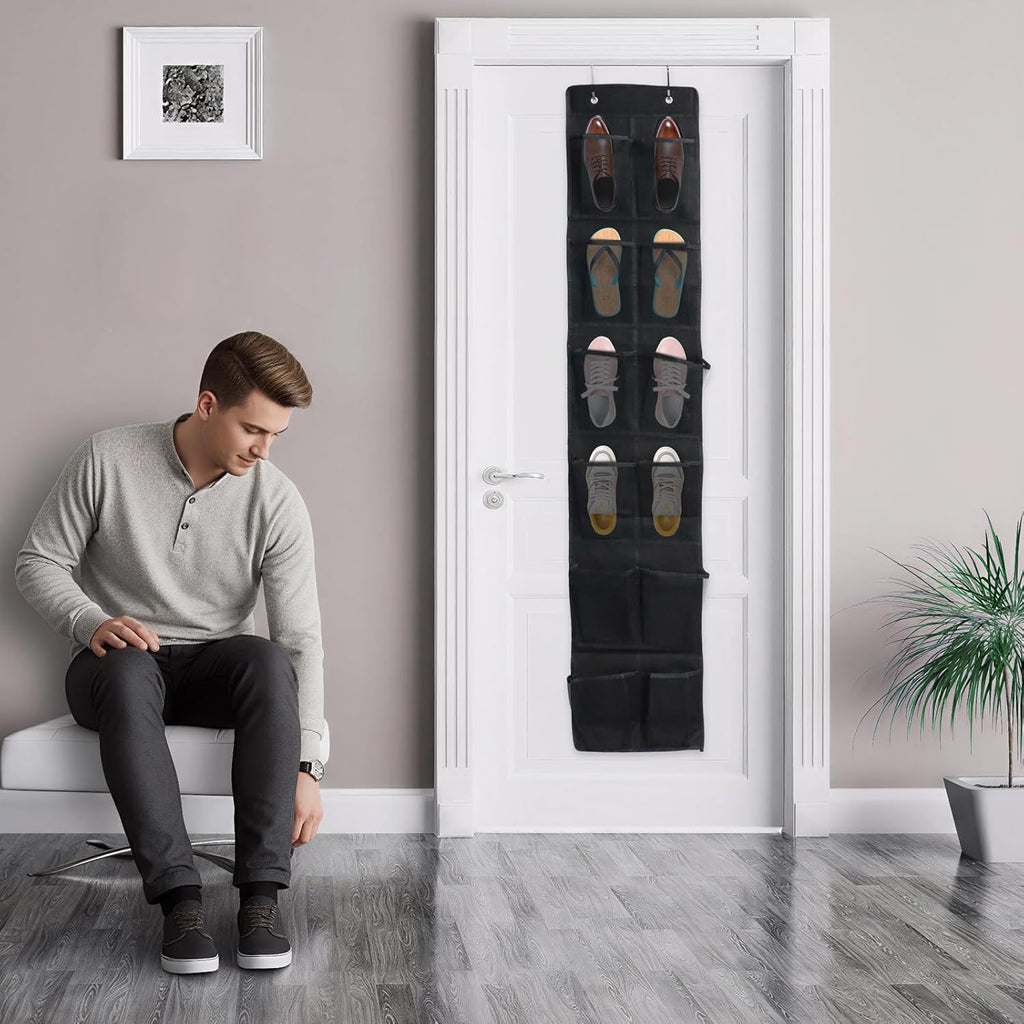 Over The Door Shoe Organizer - 12 Mesh Pockets With 4 Metal Hooks | Space-Saving Black Design