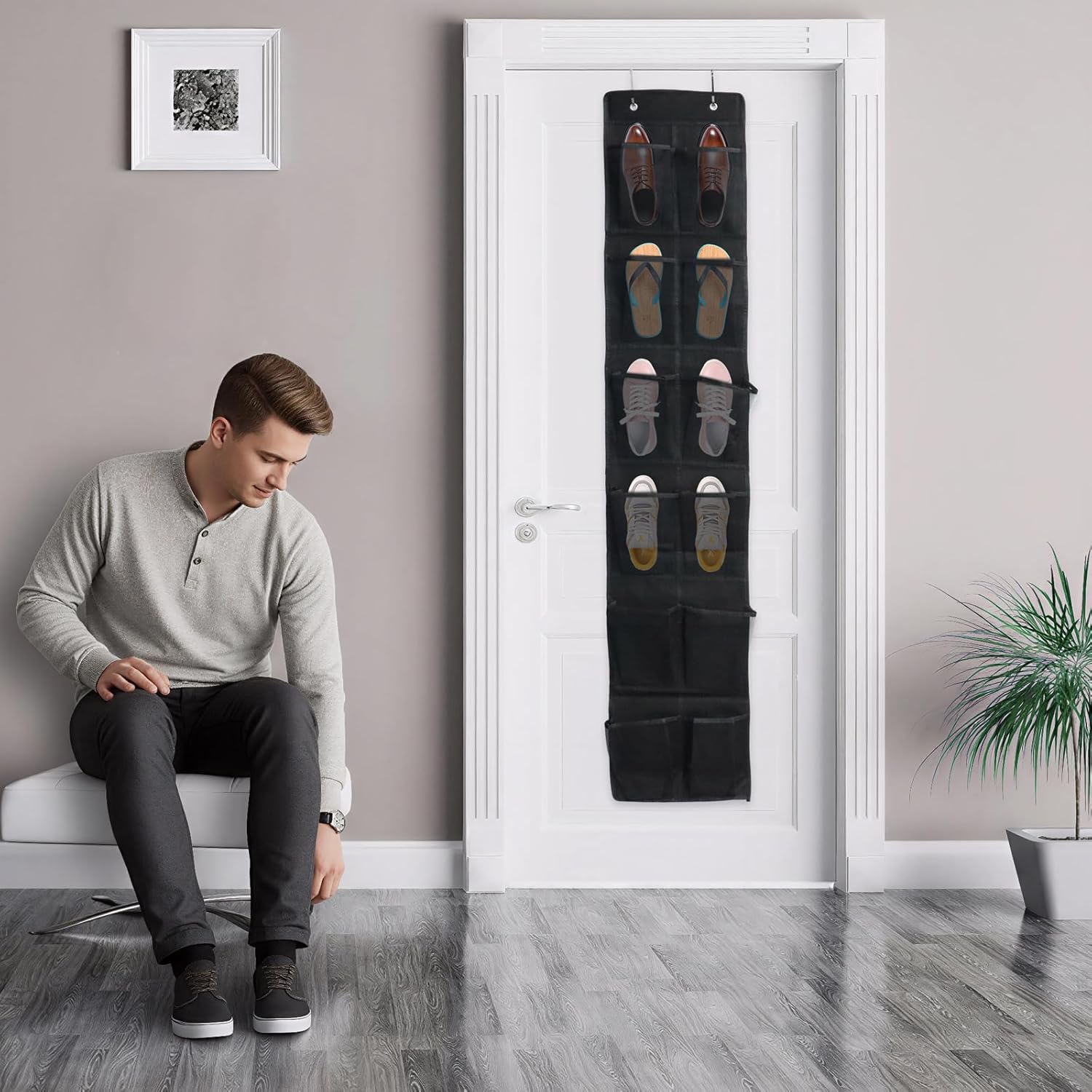 Over The Door Shoe Organizer - 12 Mesh Pockets With 4 Metal Hooks | Space-Saving Black Design
