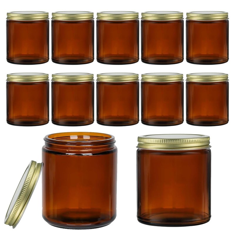 ELAORY 8 Oz Glass Jars with Lids,12 Pack Amber Glass Jars with Lids, Small Canning Jar, Candle Jars for Making Candles, Food Storage, Spices, Herbs, Homemade Cosmetics, Leak Proof & Dishwasher Safe