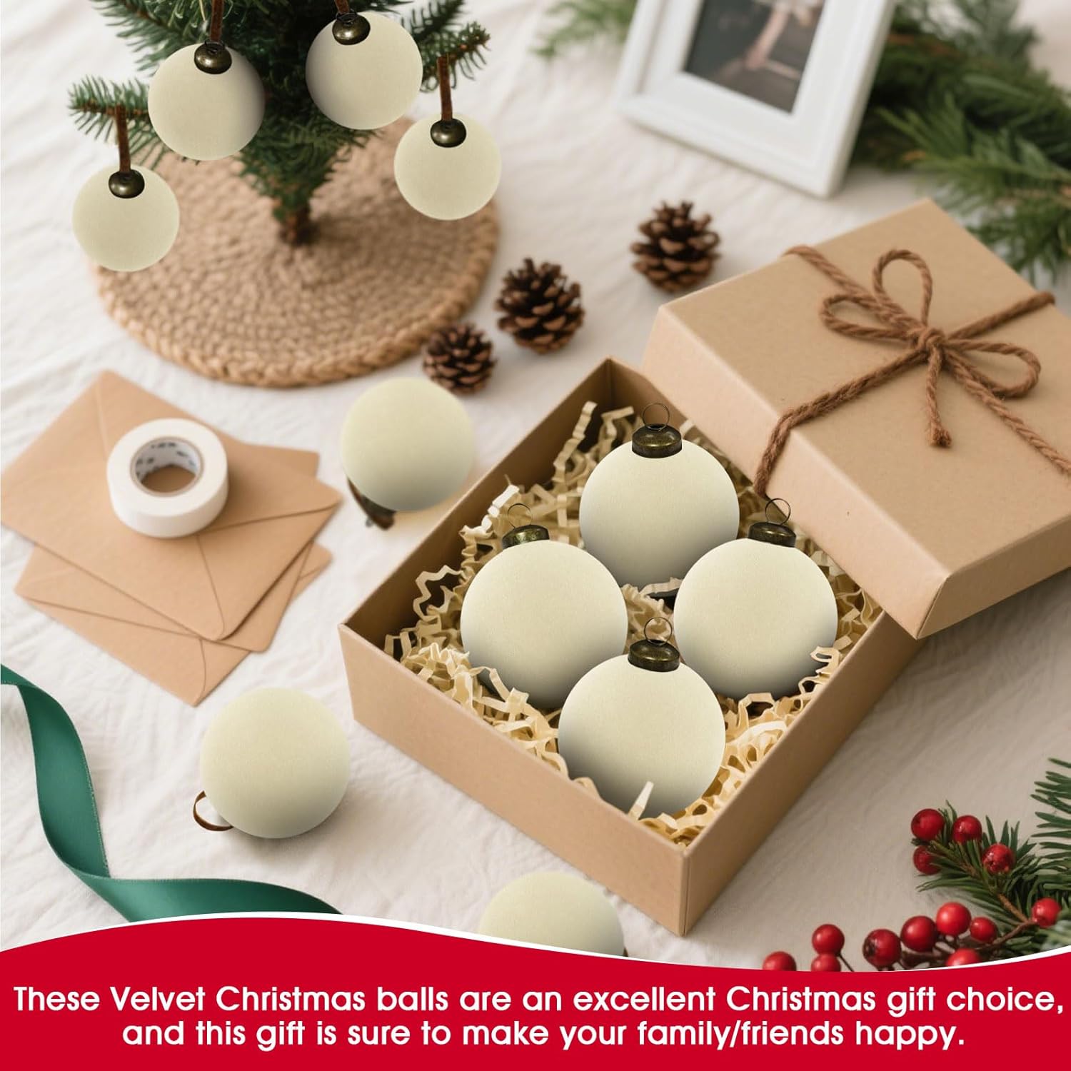 Regine Switzerland Velvet Christmas Balls - 15 Pcs Large 3.15" Shatterproof Ornaments | Cream White Holiday Decor