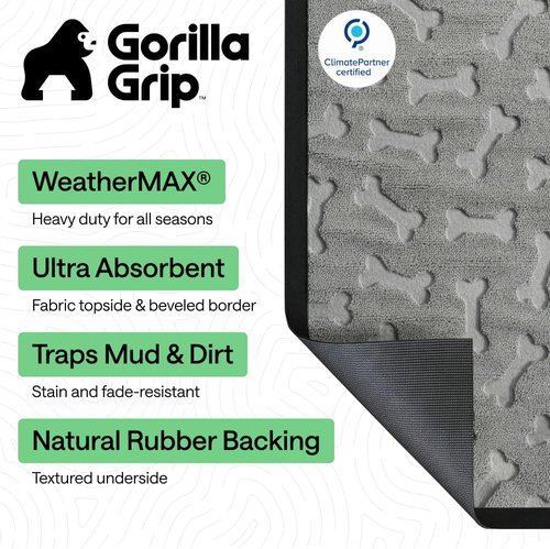 GORILLA GRIP 100% Waterproof All-Season Doormat - Natural Rubber, Stain & Fade Resistant, 47x35, Light Gray Bones