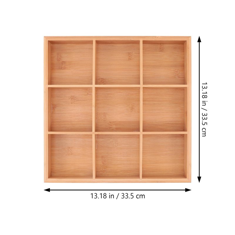 Cabilock 9-Compartments Wooden Divided Tray, Square Bamboo Serving Party Platter for Dry Fruits Snacks Candy and Dips, Space-Saving Shallow Drawer Organizer -13.2 x1.57 inch