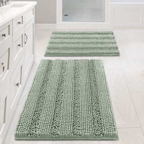 H.VERSAILTEX Bathroom Rugs Set - Extra Thick Chenille Shaggy Mats | Non-Skid, Striped Pattern (32 x 20 & 24 x 17 Inches)