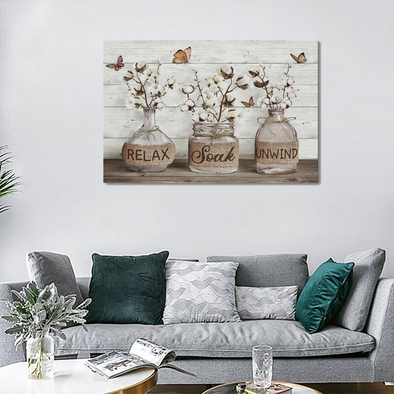 Tijuboni Farmhouse Bathroom Decor Wall Art Rustic Cotton Flower Pictures Canvas Prints Country Relax Soak Unwind Bathroom Sign Butterfly Artwork Modern Home Decor Ready to Hang 16"x24"