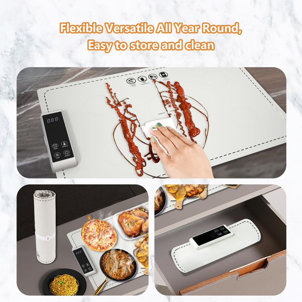 Warming Mat for Food Electric Warming Tray Food Warming Mat for Buffet Party High-tech Graphene Heating Film Adjustable Temperature and Timer, 10s Fast Full Surface Heating Mat for Food 24x15in