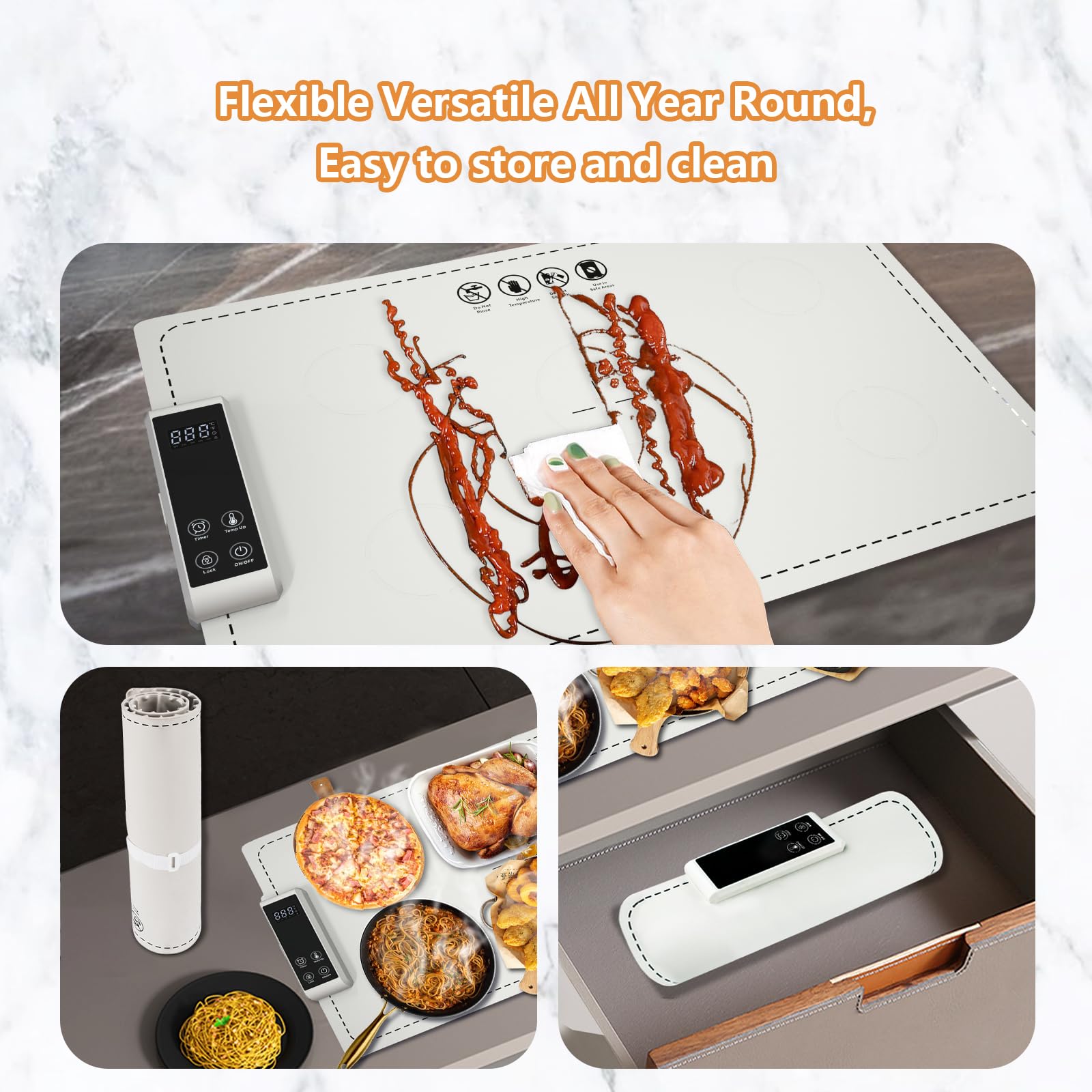 Warming Mat for Food Electric Warming Tray Food Warming Mat for Buffet Party High-tech Graphene Heating Film Adjustable Temperature and Timer, 10s Fast Full Surface Heating Mat for Food 24x15in