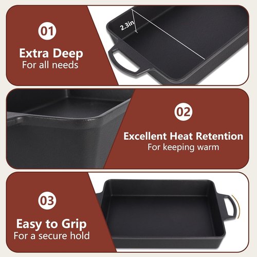 KEESHA Cast Iron Pizza Pan - 9x13 Inch Pre-Seasoned Deep Baking Dish for Casserole, Focaccia & Lasagna