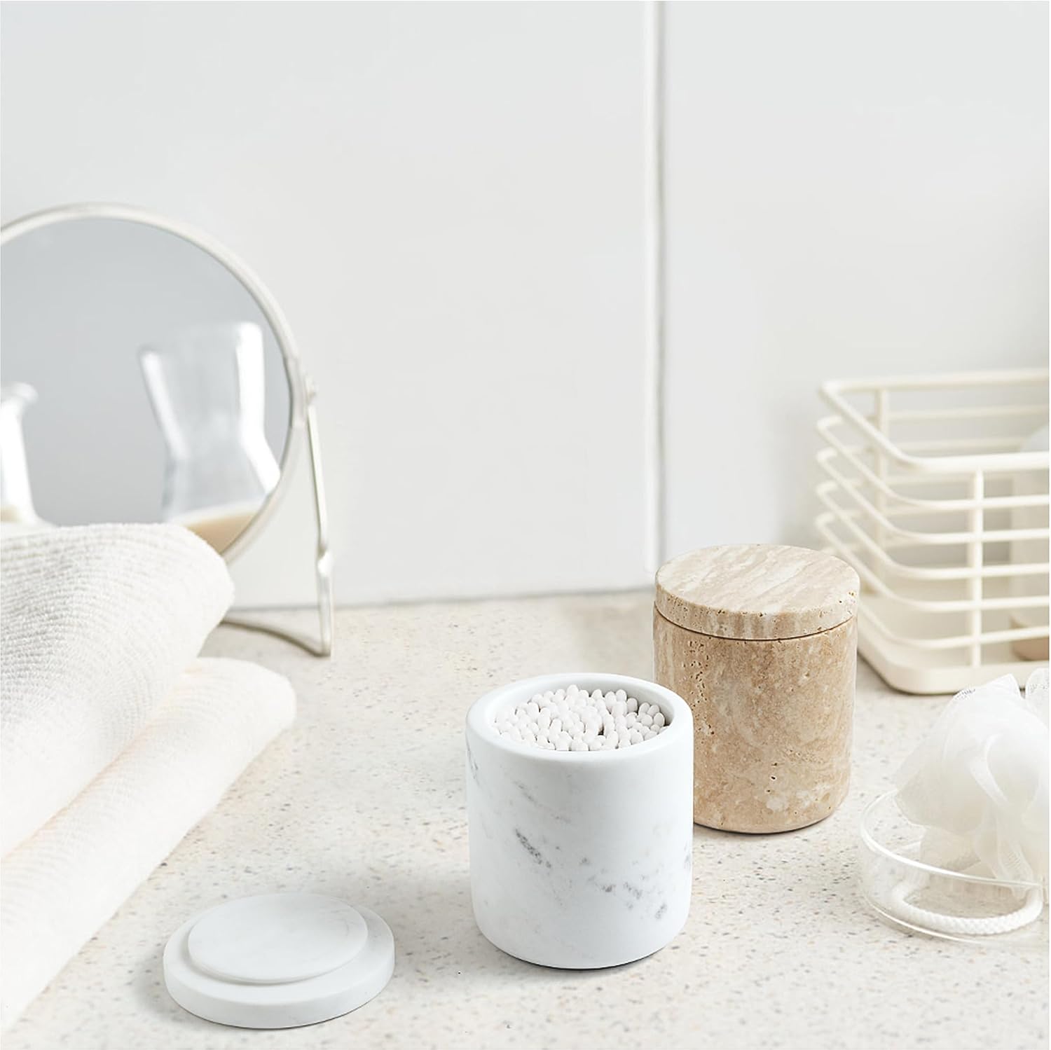 WORHE Travertine Qtip Holder - Large Capacity Marble Dispenser with Lid for Bathroom Essentials | Beige