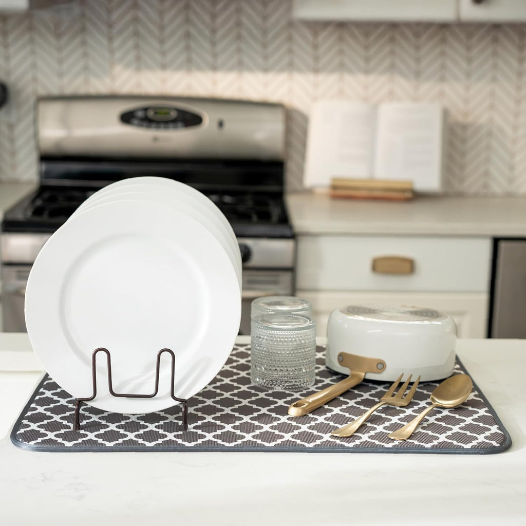 S&T INC. XL Dish Drying Mat - Absorbent Microfiber Kitchen Counter Pad | 18” x 24”, Pewter Grey Trellis