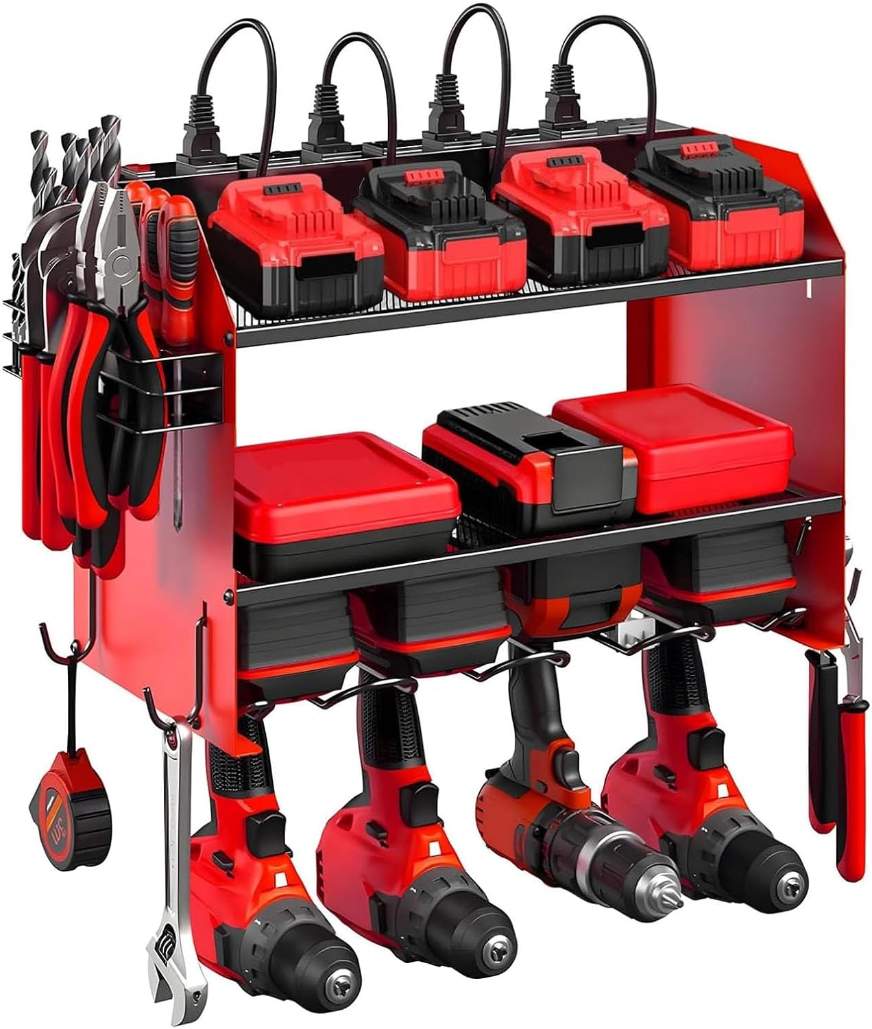 Power Tool Organizer - Heavy Duty Wall Mount Storage Rack with Charging Station & 4 Drill Holders | Ideal for Garage & Workshop