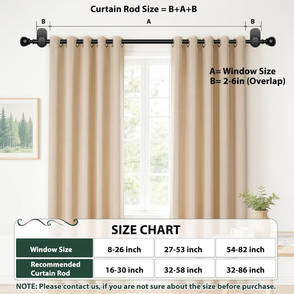 USFOOK No Drill Curtain Rods - Black 48 to 84 Inches | 5/8 Inch with 3M Adhesive Holders