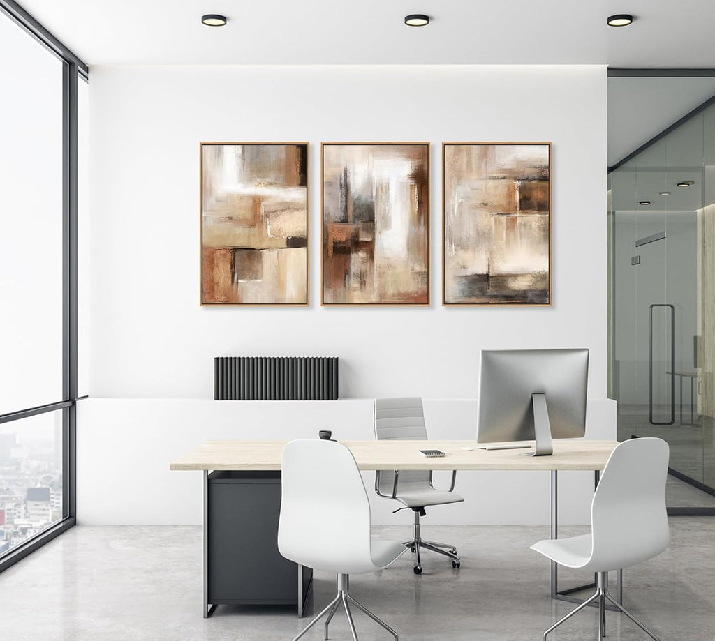 Natural Float Framed Canvas Wall Art by Large Framed | Brown Abstract Paintings for Living Room Decor - Set of 3, 48" X 24"