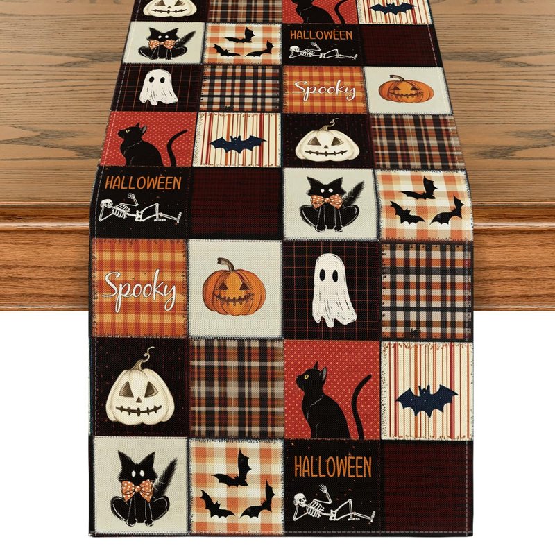 Artoid Mode Black Cat Bat Pumpkin Spooky 210 GSM Halloween Table Runner, Ghost Kitchen Dining Table Decoration for Home Party Decor 13x90 Inch
