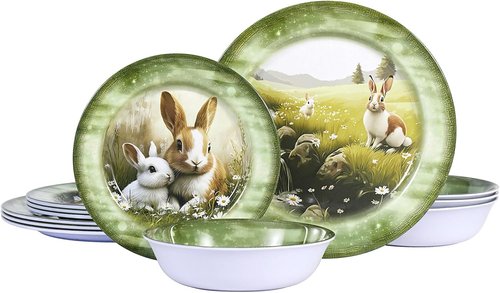 Green Bunny 12-Piece Melamine Dinnerware Set - Lightweight Shatterproof Plates & Bowls for 4, Ideal for Picnics & Outdoor Parties