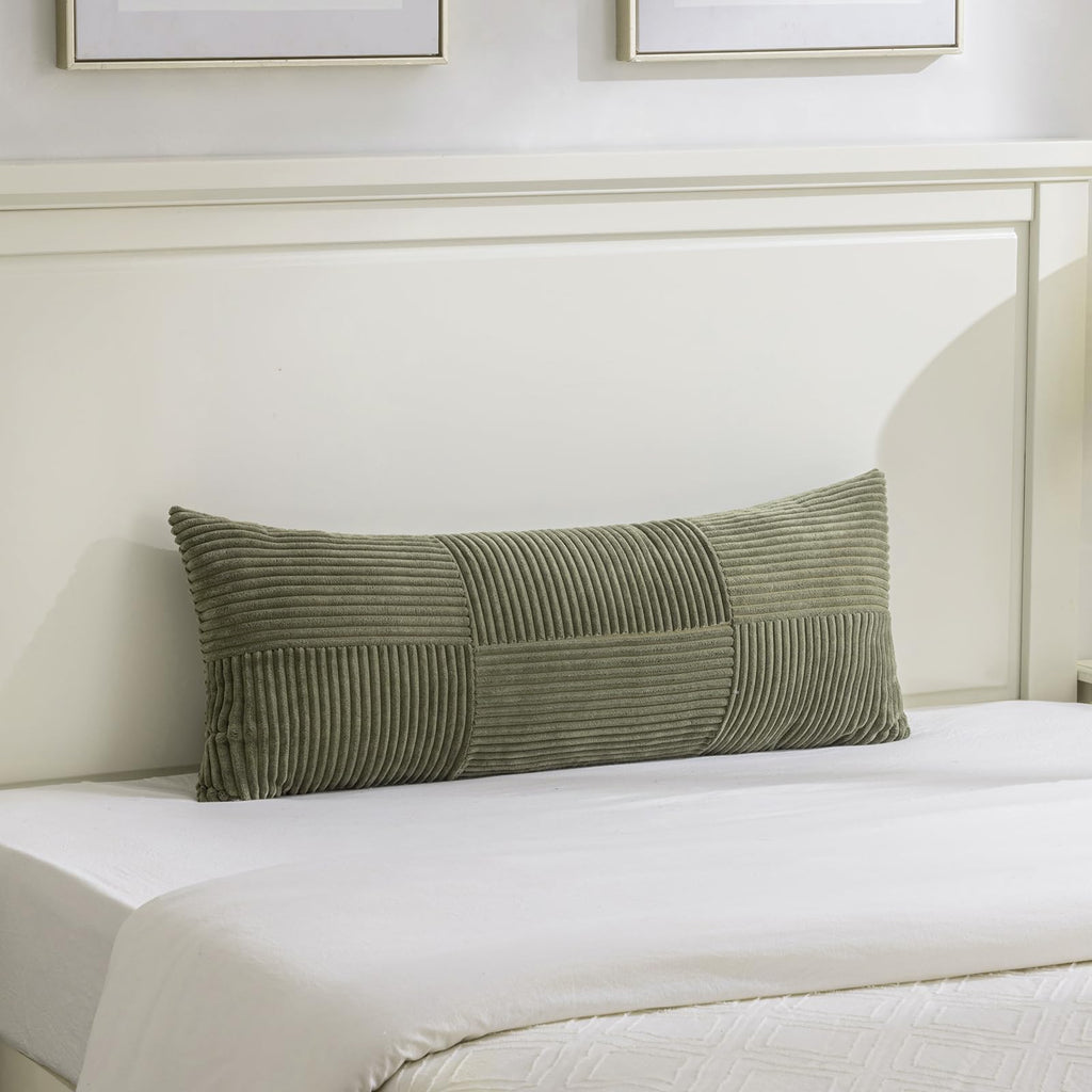 Fancy Homi Set of 1 Olive Green Boho Long Lumbar Body Decorative Throw Pillow Cover 14x36 Inch for Bed Couch Bedroom Bench, Soft Patchwork Corduroy Textured Pillow Case, Rustic Farmhouse Room Decor