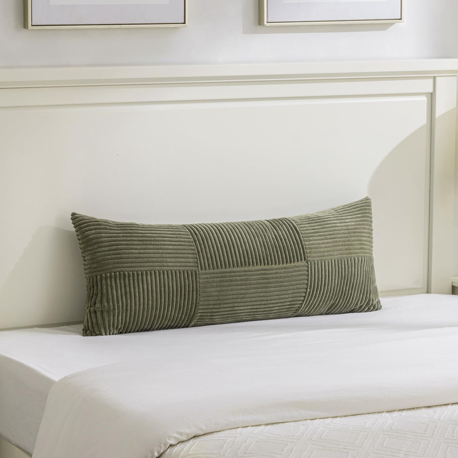 Fancy Homi Set of 1 Olive Green Boho Long Lumbar Body Decorative Throw Pillow Cover 14x36 Inch for Bed Couch Bedroom Bench, Soft Patchwork Corduroy Textured Pillow Case, Rustic Farmhouse Room Decor