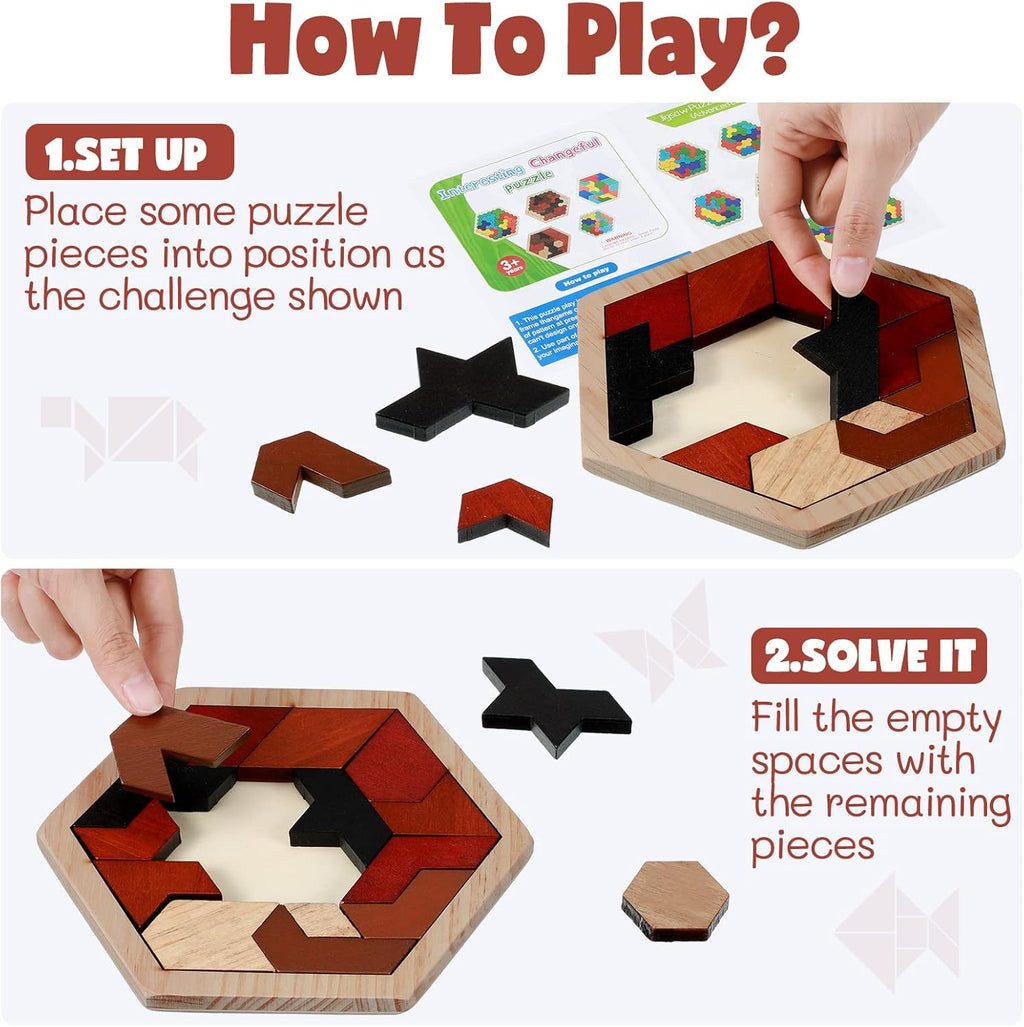 Yunsailing Large Hexagon Tangram Puzzle Set - 3 Pack Wooden Brain Teasers for Adults | Vintage Design