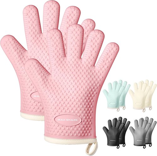 MAD SHARK Silicone Oven Mitts - Heat Resistant 450°F, Waterproof & Non-Slip | Cotton Lined, Pink