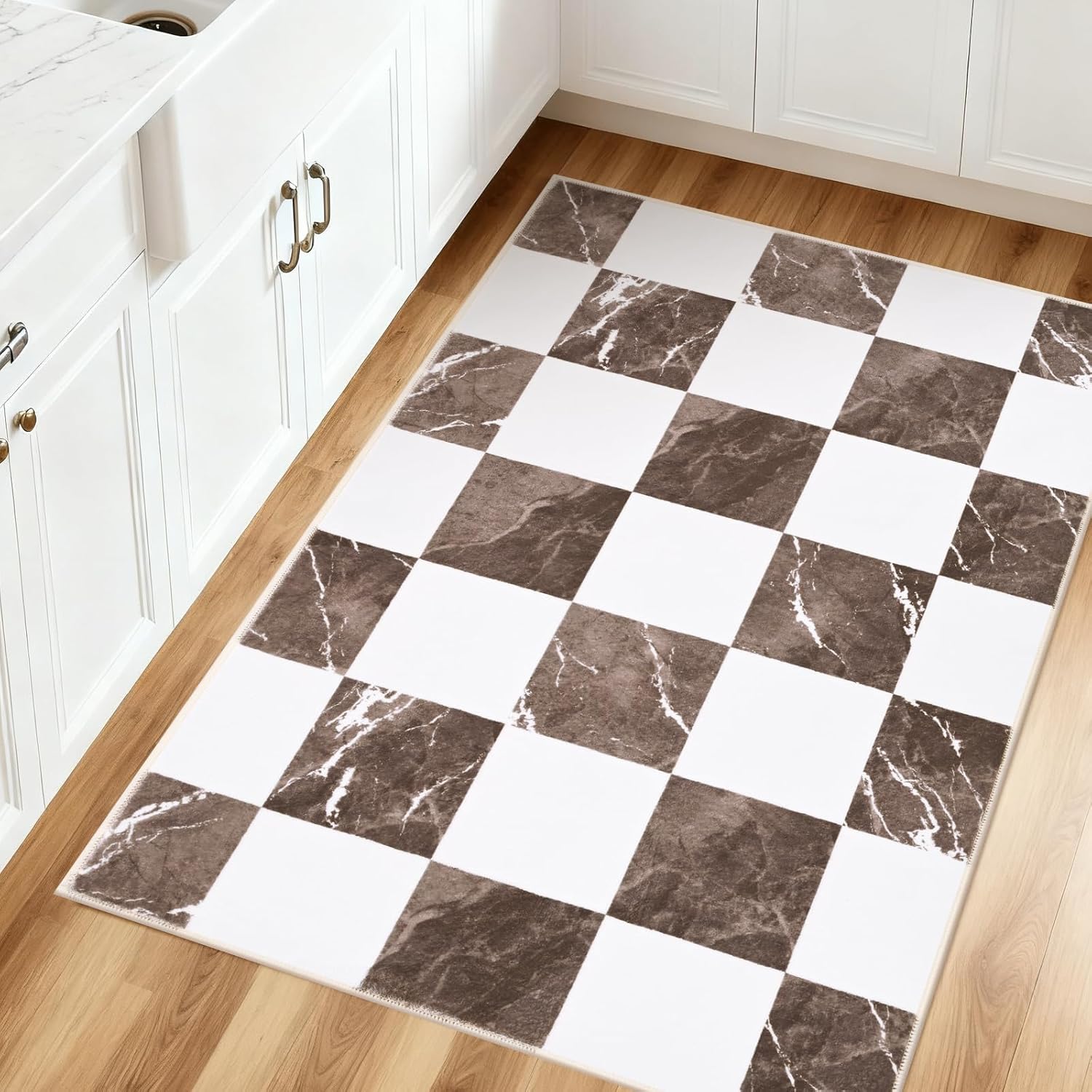 Yinhua Checkered Rug - Washable Brown and White Area Rug | Soft Non-Slip 2x3 Entryway Mat